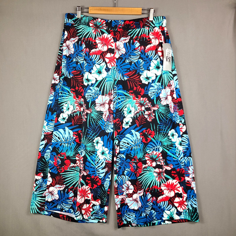 NWT NY Collection Floral Wide Leg Capri Pull On Pant Hawaiian Resortwear Size XL